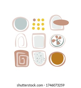 Vector abstract shapes hand-drawn. Modern minimalist art, elements of linear art, stylish trend colors. Textile design, print for t-shirts, cards, business cards, mood boards and calendars