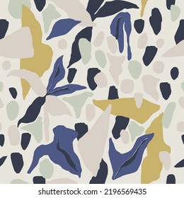 Vector abstract shapes and leaf illustration seamless repeat pattern 