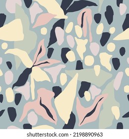 Vector abstract shapes and leaf illustration seamless repeat pattern 