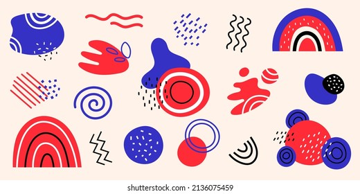 Vector abstract shapes. Set with geometric shapes and dots. Rainbows and blobs. Lines, circles blots, and zigzags. Collection in red and blue colors.