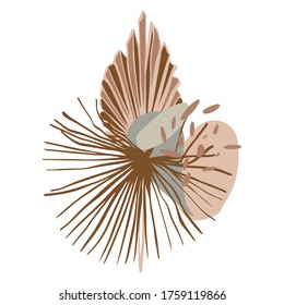 Vector abstract shapes and tropical leaves hand drawn. Modern minimalist art, elements of linear art, stylish trend colors. Textile design, print for t-shirts, cards, business cards, mood boards