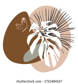 Formas abstractas vectoriales y hojas tropicales dibujadas a mano. Arte minimalista moderno, elementos de arte lineal, colores de tendencia elegante. Diseño textil, impresión para camisetas, tarjetas, tarjetas de visita, tablas de humor