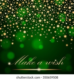 Vector abstract shining falling stars on green ambient blurred background. Luxury design. Vector illustration