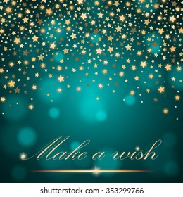 Vector abstract shining falling stars on turquoise ambient blurred background. Luxury design. Vector illustration
