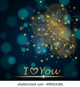 Vector abstract shining falling stars on turquoise ambient blurred background "I love You". Luxury design. Vector illustration