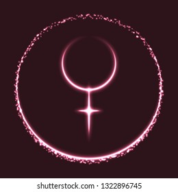 Vector abstract shiny astrological sign of Venus planet and crescent moon on dark pink background. Illustration of female symbol. Glowing Venus icon.