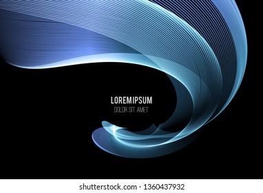 Vector Abstract shiny color blue wave design element on dark background. Science or technology design