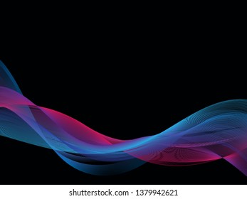 Vector Abstract shiny color blue and pink wave design element on dark background. Science or technology design