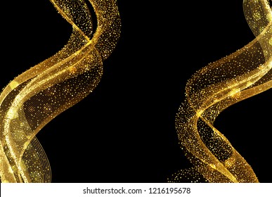Vector Abstract shiny color gold wave design element with glitter effect on dark background.