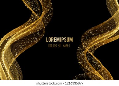 Vector Abstract shiny color gold wave design element with glitter effect on dark background.