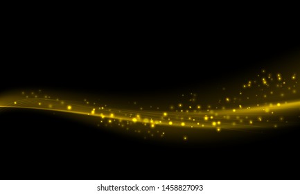 Vector Abstract shiny color gold wave design element with glitter effect on dark background.