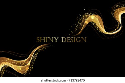 Vector Abstract shiny color gold wave design element with glitter effect on dark background.