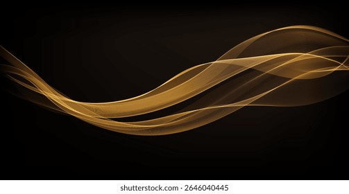 Vector Abstract Shiny Glowing Gold Color Wave. Transparent Golden Wavy Lines. Elegant Luxury background. Black BG
