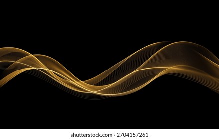 Vector Abstract Shiny Glowing Gold Color Wave. Transparent Golden Wavy Lines. Elegant Luxury background. Black BG