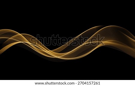 Vector Abstract Shiny Glowing Gold Color Wave. Transparent Golden Wavy Lines. Elegant Luxury background. Black BG