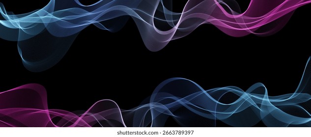 Vector Abstract Shiny Glowing Spectrum Blue Purple Pink Color Wave. Transparent Flowing Wavy Lines. Colorful Smoky Wavy Lines background. Black BG