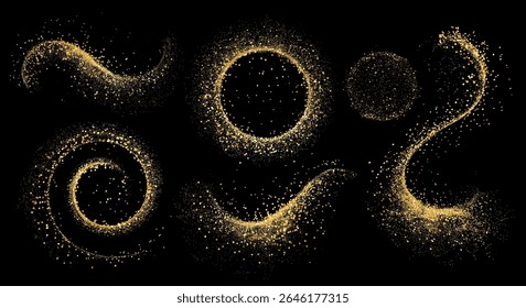 Vector Abstract Shiny Gold Glitter Swirl design element. For New Year, Merry Christmas, Birthday and Wedding greeting card and invitation. Luxury Background design