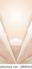 Vector abstracto de lujo brillante fondo en el estilo de corte de papel con líneas doradas, brillo y espacio de copia. Elegante telón de fondo moderno de alta gama en tonos beige y marrón con lugar para texto