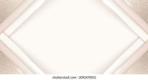 Vector abstract shiny luxury paper cut background in light soft colors with golden lines, glitter and diamond-shaped copy space. Premium multi-layered modern geometric backdrop with place for text