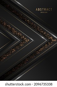 Vector abstracto y brillante diseño de la cubierta de papel cortado con brillo, líneas doradas y espacio de copia en negro. Plantilla geométrica moderna de 3D de primera línea y realista de invitación, folleto, bloc de notas o tarjeta