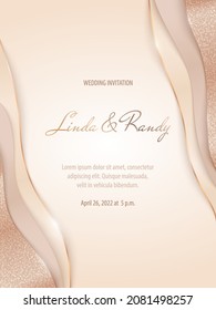 Invitación de bodas de lujo brillante y vectorial en estilo de corte de papel con líneas doradas, brillo y espacio de copia. Elegante plantilla de tarjeta de varias capas moderna sobre un fondo de colores beige y marrón