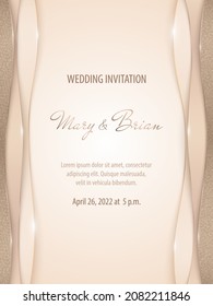 Invitación de bodas de lujo brillante y vectorial en estilo de corte de papel con líneas doradas, brillo y espacio de copia. Elegante plantilla de tarjeta de varias capas moderna sobre un fondo de colores beige y marrón