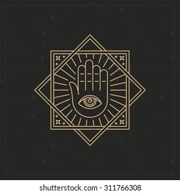 Vector abstract sign in linear style - hand on geometric background - tattoo design template