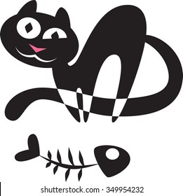 vector abstract silhouette of a cat with a fish skeleton