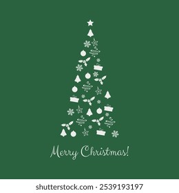 Vector abstract silhouette of Christmas Tree made of stars, hearts, trees, gift box, mistletoe, snowflake icons. Christmas tree made of festive ornaments. Template for greeting card, postcard