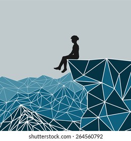 Vector abstract silhouette climber sitting on the edge of the mountain