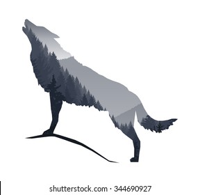  Vector abstract. Silhouette of howling wolf with gray mountains landscape. 