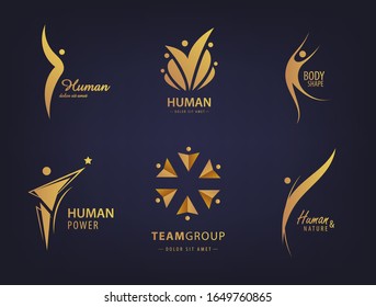 Vector Abstract Silhouette People, Human Logo Design. Gym, Fitness, Sport, Dance Web Icon And Symbol. Group Of Men, Social Net, Meeting. Helathy Lifestyle Concept, Winner, Leader