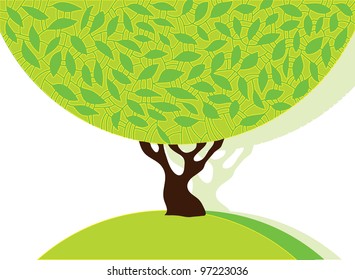 Vector abstract silhouette of a tree with ornamental foliage. / Tree with green leafage.
