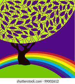 Vector abstract silhouette of a tree with ornamental foliage and rainbow. / Tree and rainbow.