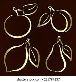 Vector abstract  silhouettes of fruits hand drawn in gold on brown background