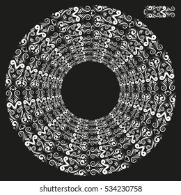 Vector abstract silver annular openwork pattern. Wavy pattern with geometrical order. Light silver, shiny metal twinkles on a dark background