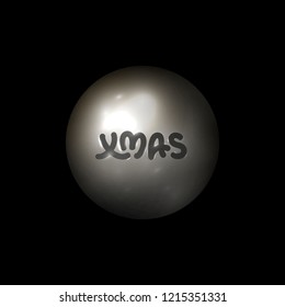 Vector abstract silver ball with Xmas hand drawn text. 3D sphere. Round balloon. Bauble isolated on black background. Christmas ornament, logo, xmas decoration.