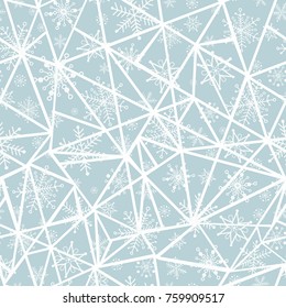 Vector abstract silver grey christmass snowflakes on triangles repeat seamless pattern background. Can be used for fabric, wallpaper, stationery, packaging.