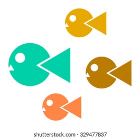 Vector abstract simple icons of colorful fishes. Isolation over white background.