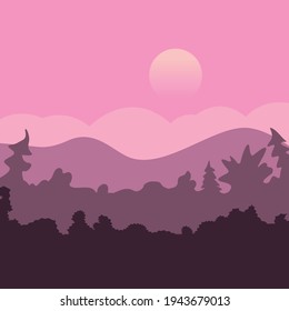 Vector abstract simple landscape backdrop, poster in pink tones. Sunset, sunrise on background of silhouette of forest, trees, mountains and clouds. Isolated illustration in flat style