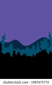 Vector abstract simple landscape backdrop, poster in dark purple blue green tones. Night sky on background of silhouette of forest, trees, mountains. Isolated illustration in flat style