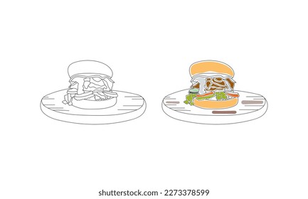 Vector abstract simple line drawing icon of burger in silhouette sketch. Line art.