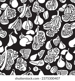 Vector abstract simple pattern for your game or background: black and white random surrealistic fruits shapes, no AI