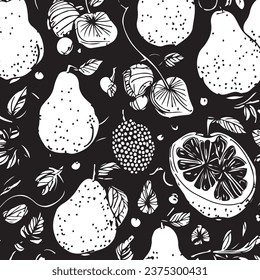 Vector abstract simple pattern for your game or background: black and white random surrealistic fruits shapes, no AI