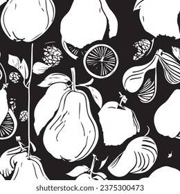 Vector abstract simple pattern for your game or background: black and white random surrealistic fruits shapes, no AI