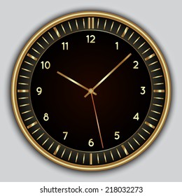 Vector abstract simple round black clock with digits and gold border