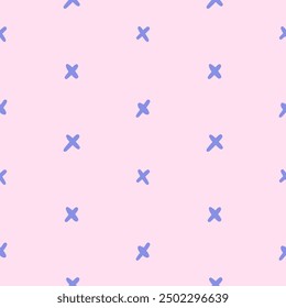 Vector abstract simple seamless pattern. Repeating pink background with blue crosses in hand drawn style.