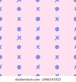 Vector abstract simple spotted seamless pattern. Repeating background with blue dots and crosses in hand drawn style.