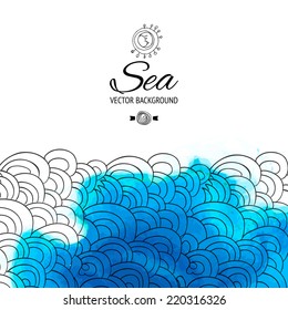 Vector abstract sketch sea background. Drawn waves and watercolor blob illustration. Creative doodle style illustration. Travel and sea rest concept.