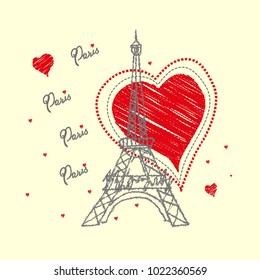 Vector abstract slogan with Eiffel tower and hearts. Cute illustration with Paris. Applique print for textile clothes in fashion luxury design.
